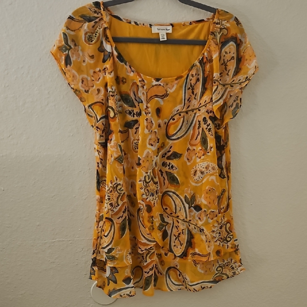Tamara H Floral Sheer Top Blouse Lined Yellow Paisley Sized XL